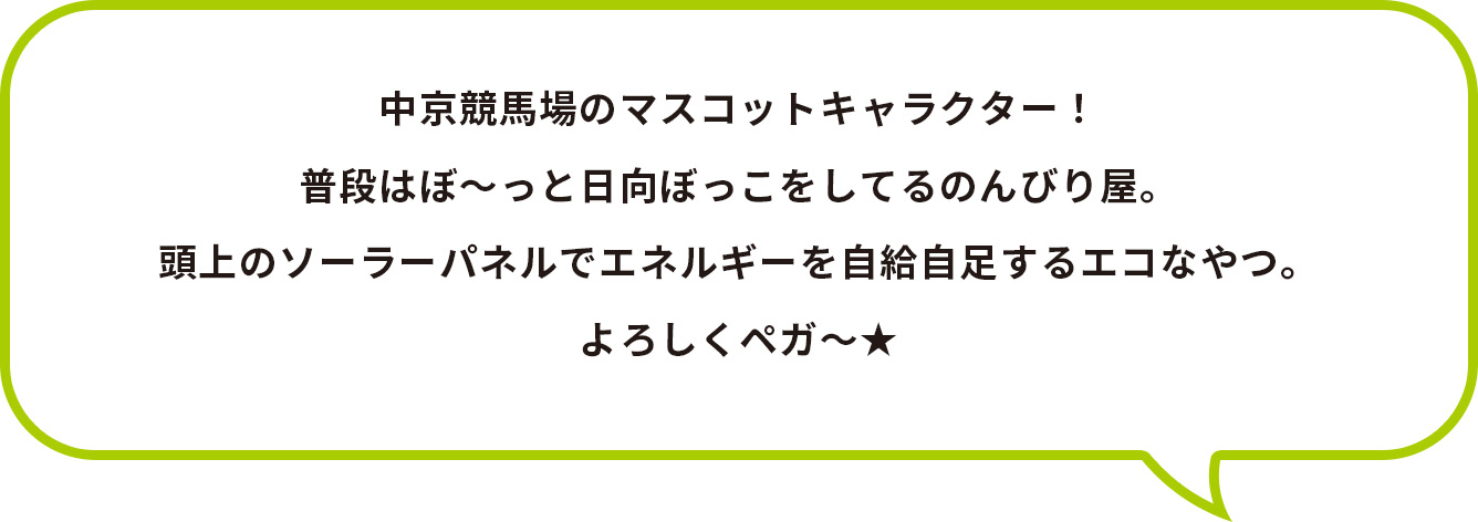中京競馬場のマスコットキャラクター！
                                                        普段はぼ～っと日向ぼっこをしているのんびり屋。
                                                        頭上のソーラーパネルでエネルギーを自給自足するエコなやつ。
                                                        よろしくペガー★